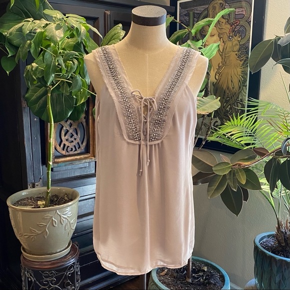 Buckle Taupe Rhinestone collar trim chiffon tank - Picture 1 of 12